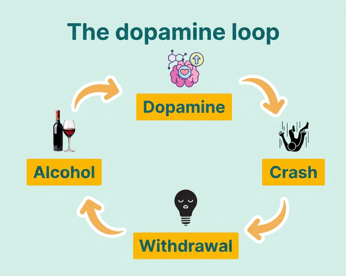 The dopamine loop: alcohol, dopamine, crash, withdrawal