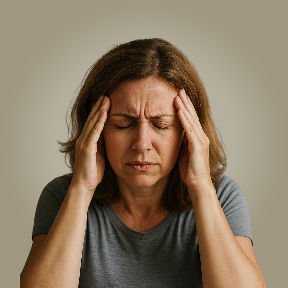 A woman holding her temples, eyes closed