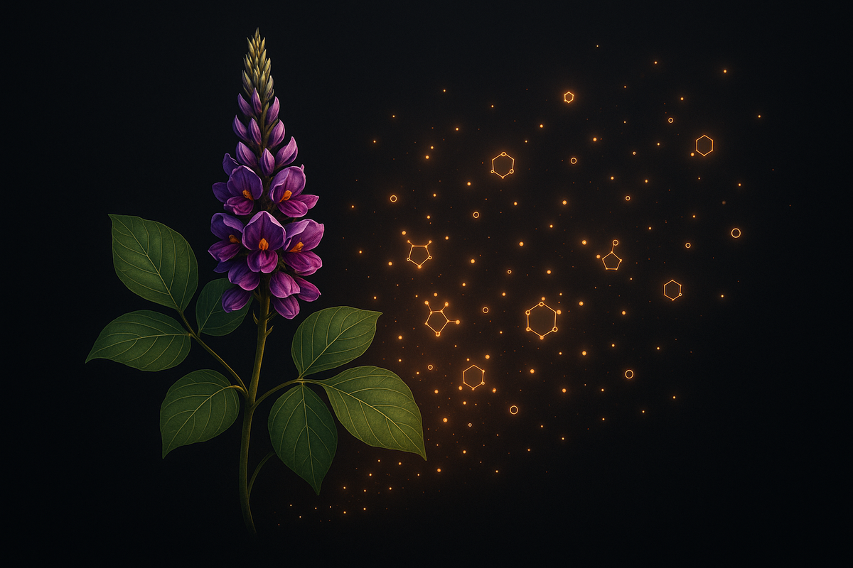 A kudzu flower beside glowing molecule shapes on a dark background
